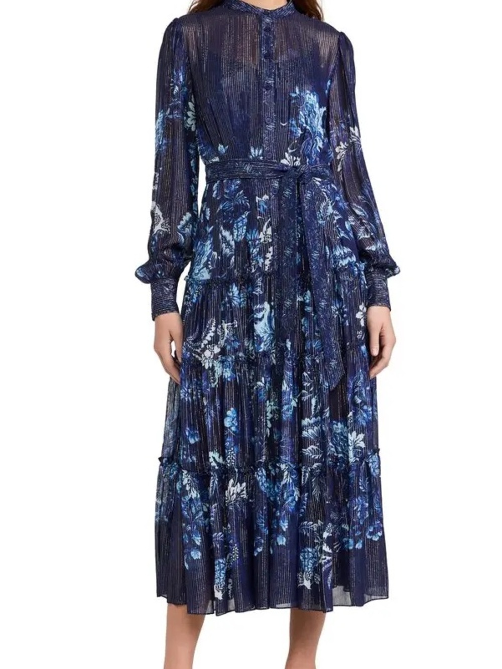 HEMANT & NANDITA Navy and Light Blue Floral Pleated Maxi Dress